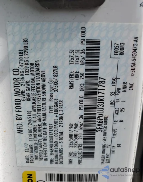 2018 Ford Fusion Se Hybrid z USA, uszkodzony, nr VIN 3FA6P0LU3JR171787